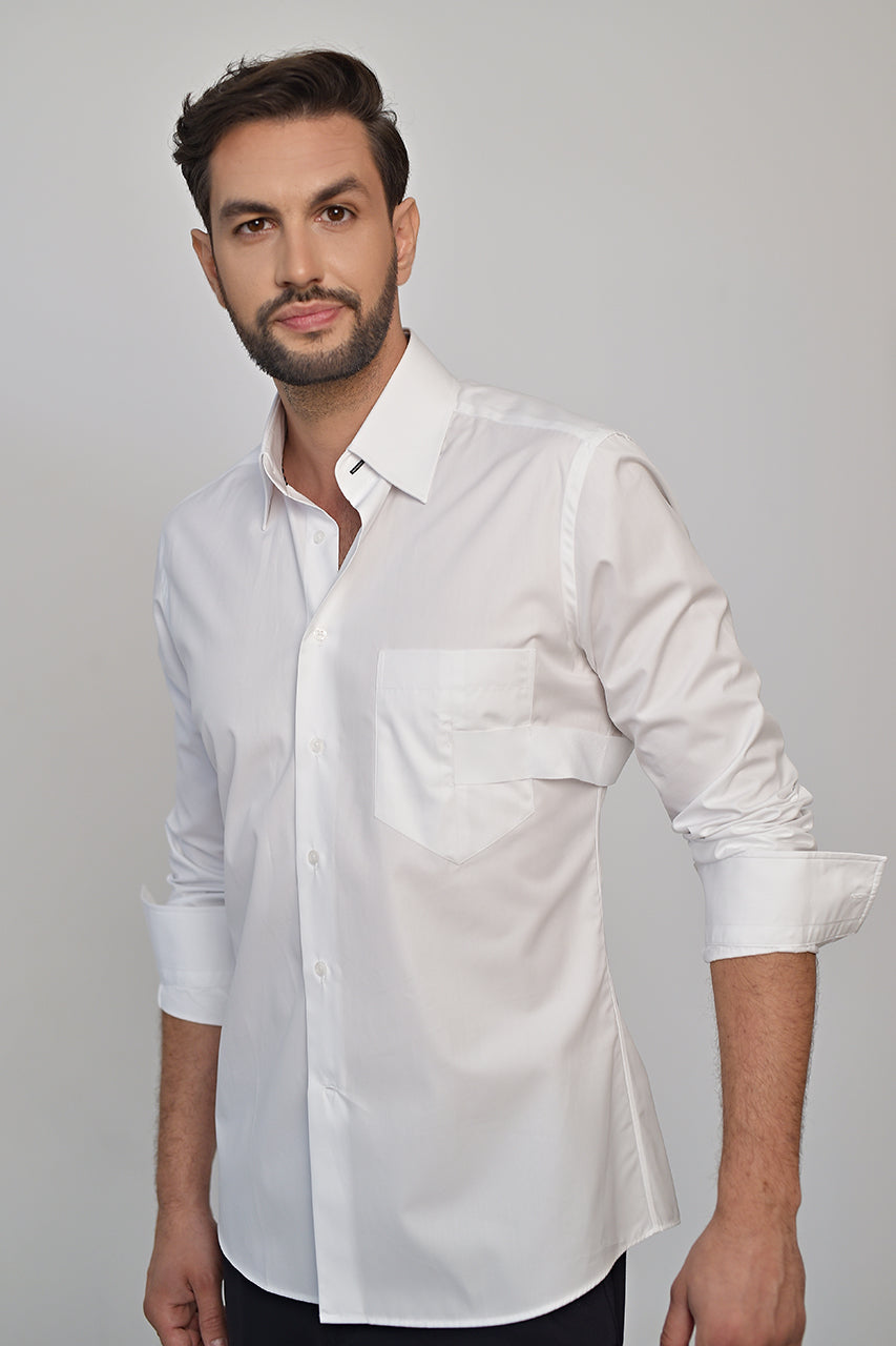 White cotton casual shirt with edgy detail & active temp control