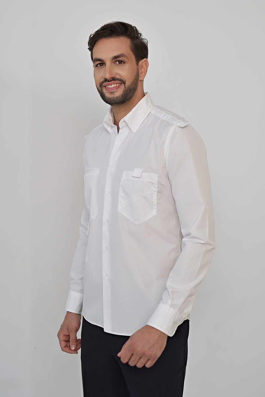 White cotton army look shirt with functional pockets