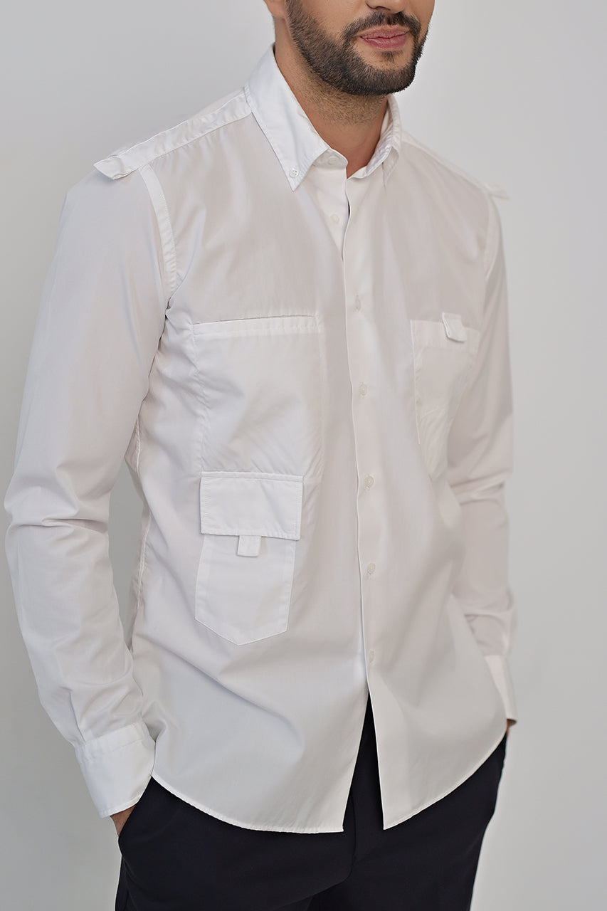 White cotton army look shirt with functional pockets