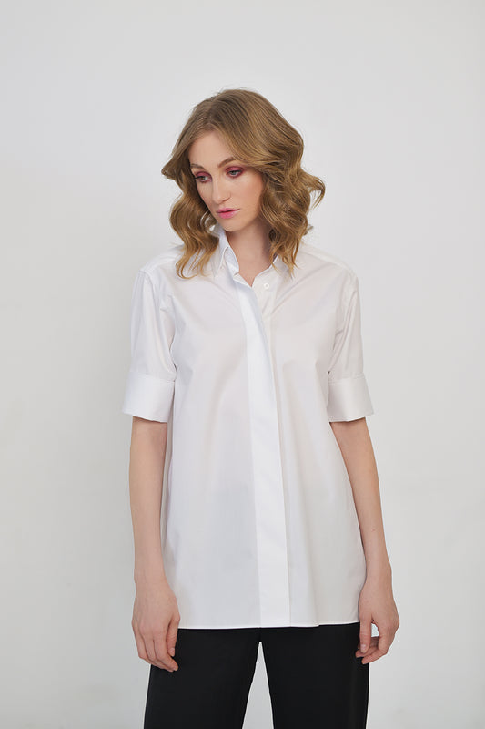 Double cuff white cotton short sleeve shirt & active temp control