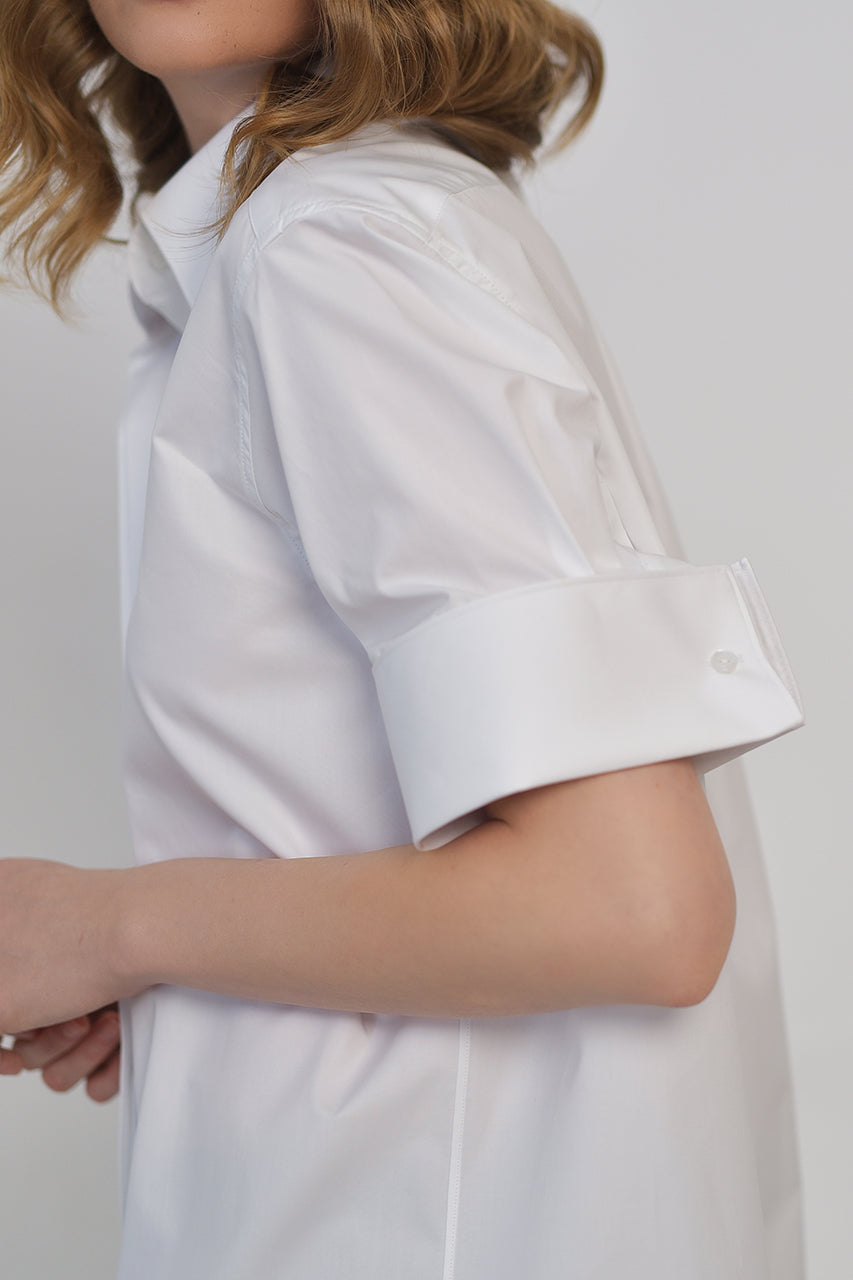 Double cuff white cotton short sleeve shirt & active temp control